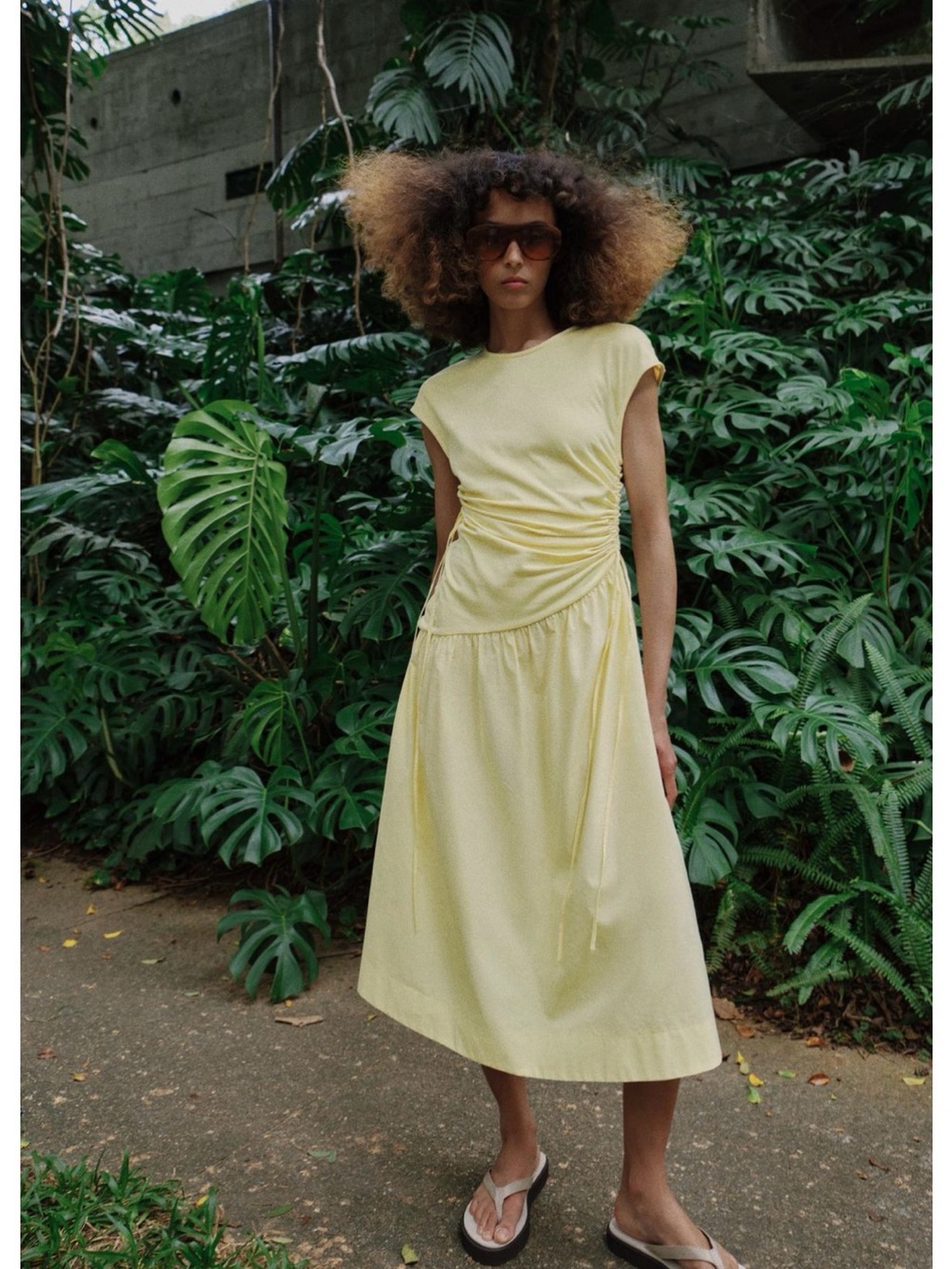 Zara Light Yellow Ruched Midi Dress